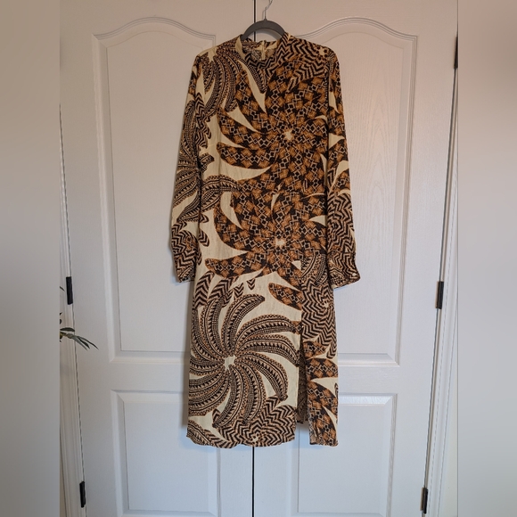 Farm Rio Midi Dress L Bodycon Long Sleeve Tropical Sand Yawanawa Vanahu - Picture 6 of 13